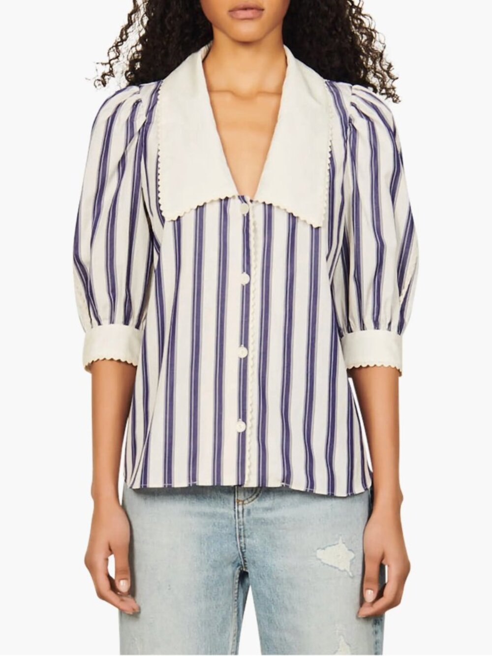 SANDRO Paris Chiara Stripe Cotton Puff Sleeve Blouse Shawl Collar Trim M ($218)